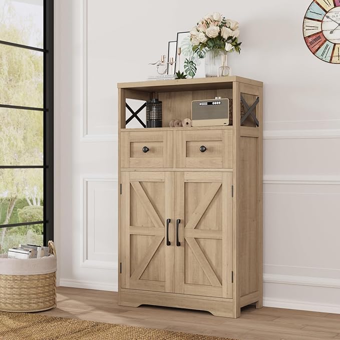 Farmhouse Accent Storage Cabinet with Drawers, Small Kitchen Pantry Cabinet | Coffee Bar Cabinet Cupboard, 2 Storage Drawers, 2 Barn Doors & Adjustable Shelves, for Kitchen/Entryway/Living Room/Bathroom