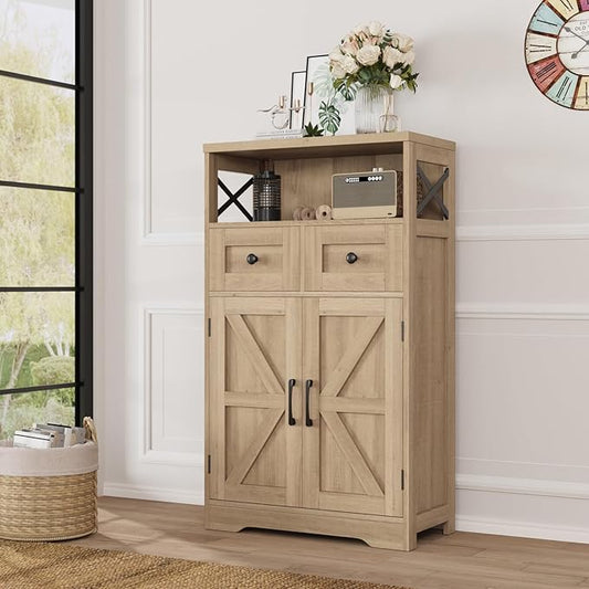 Farmhouse Accent Storage Cabinet with Drawers, Small Kitchen Pantry Cabinet | Coffee Bar Cabinet Cupboard, 2 Storage Drawers, 2 Barn Doors & Adjustable Shelves, for Kitchen/Entryway/Living Room/Bathroom