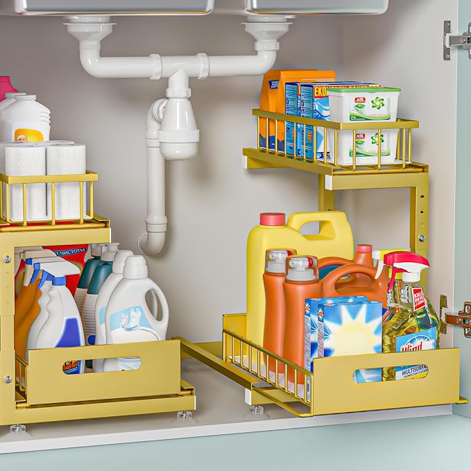 2-Pack L-Shaped Under Sink Organizer, 2-Tier Pull-out Cabinet Rack | Gold Height-Adjustable Metal Rack, Sliding Grid Drawers with Safety Stopper, Holds 100 Lbs, Ideal Kitchen Cabinet Storage
