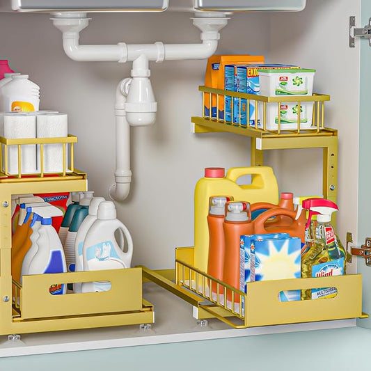 2-Pack L-Shaped Under Sink Organizer, 2-Tier Pull-out Cabinet Rack | Gold Height-Adjustable Metal Rack, Sliding Grid Drawers with Safety Stopper, Holds 100 Lbs, Ideal Kitchen Cabinet Storage