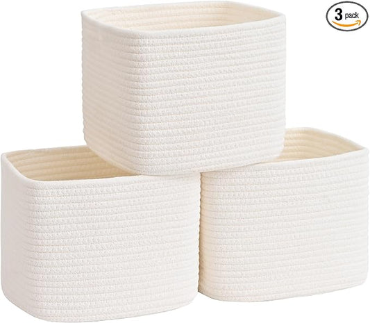 3 Pack Cube Storage Bin, 9”x9”x7” Cotton Rope Woven Baskets for Organizing Toys Clothes Towels, Square Gift Storage Baskets for Shelves, Nursery, Closet, Bathroom, Pantry (White)