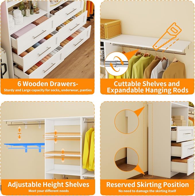 Closet System with 6 Wood Drawers, 6-12FT Closet Organizer System with Cuttable Shelves for Walk in Closet with 6 Expandable Hanging Rods, Heavy Duty Built-in Closet for Bedroom, White