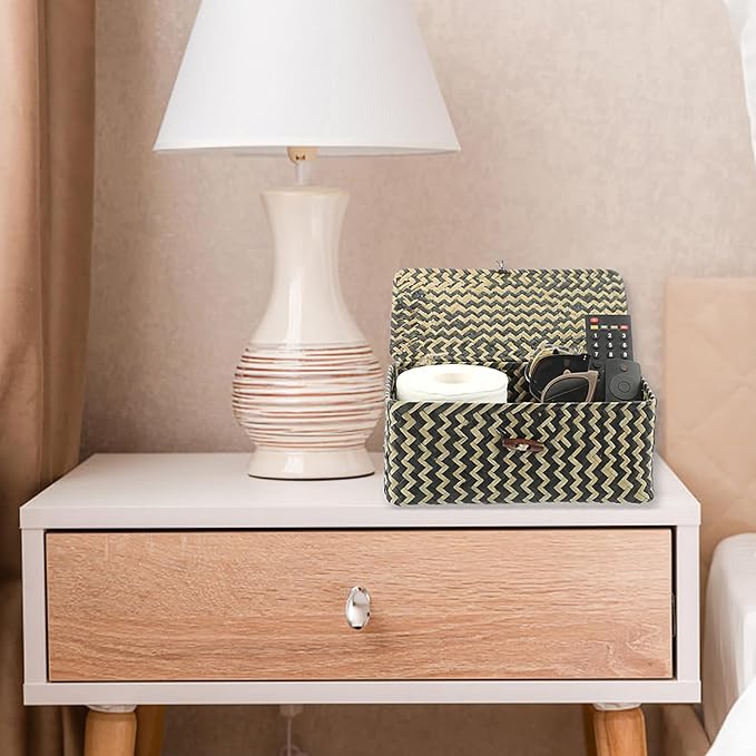 Hipiwe Seagrass Storage Baskets with Lid Woven Wicker Storage Bins for Organizing Natural Rectangular Home Organizer for Bedside Living Room Entryway Table,10.2" x 6.3" x 3.9"
