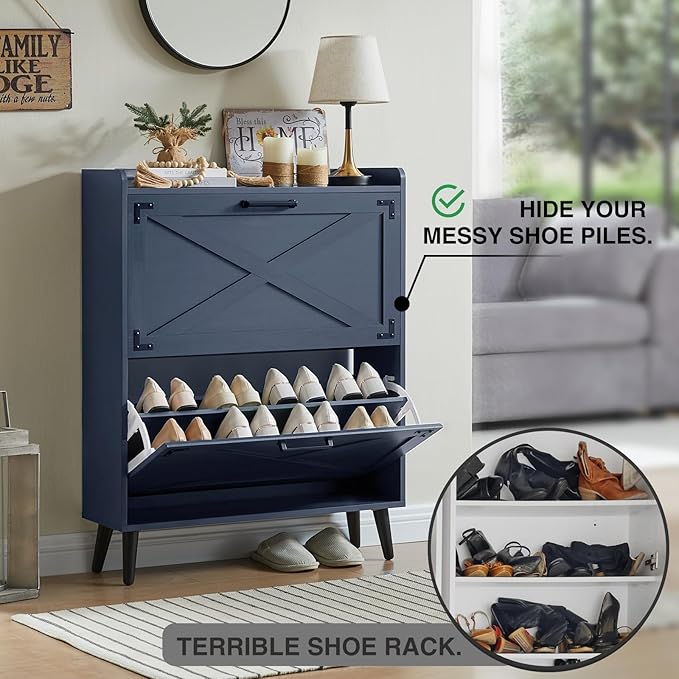 Barnyatoh Farmhouse Shoe Storage Cabinet with 2 Flip Drawers & Barn Door | Freestanding Hidden Slim Narrow Shoe Rack, Adjustable Shelves,Wood Shoes Organizer for Entryway, Foyer, Hallway,Navy Blue