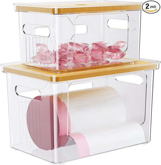 Delamu 2 Pack (XL+S) Trash Bag Dispenser, Stackable Garbage Bag Holder | Clear Acrylic Organizer Bins for Under Sink Organization, Pantry Storage, Cabinet, Kitchen, Laundry, Bathroom