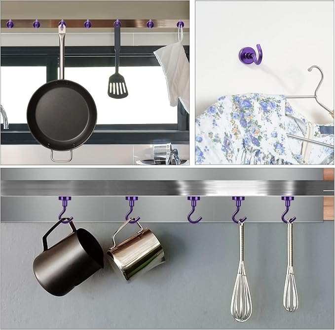 DIYMAG Magnetic Hooks 10pcs 30lbs Cruise Essentials 2026 Magnet Hook Purple | Neodymium Heavy Duty Strong Magnets Hanging Ship Cabins Refrigerator Fridge Classroom Beach Vacation Kitchen Grills Home Tool