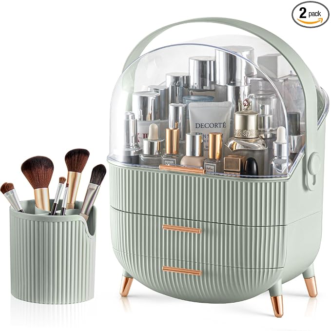 CANITORON Makeup Organizer with 2 Drawers and Brush Storage Box, Cosmetic Display Case for Vanity and Bathroom Countertop Storage (Sage Green)