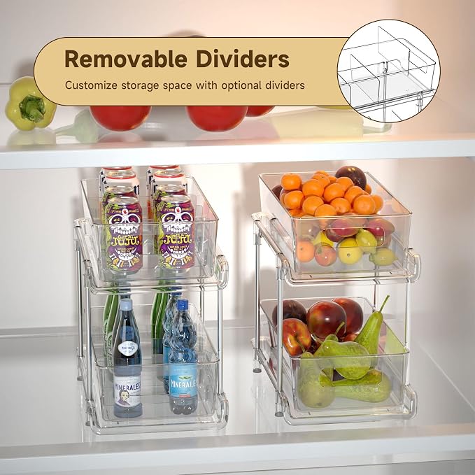 HIHEGD 2-Tier Bathroom Organizer with Dividers, Clear Under Sink and Pull-Out Cabinet Organizer for Kitchen and Pantry Storage