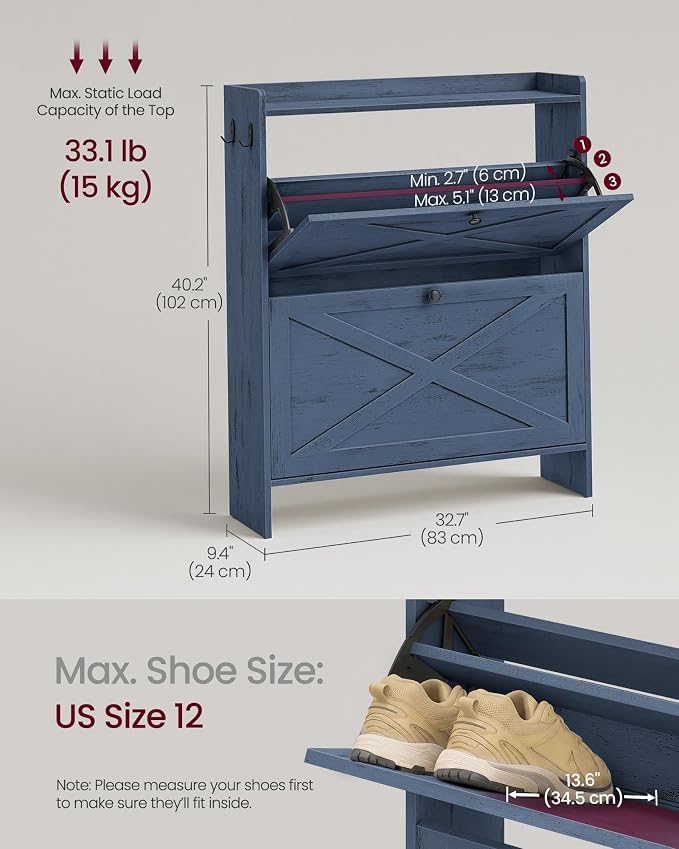 VASAGLE Shoe Storage Cabinet Organizer with 2 Flip Drawers, Freestanding Narrow Shoe Rack Cabinet for Entryway, Farmhouse Style, Fits 14 to 16 Pairs, Cloud Creek Blue UHSC203QR01