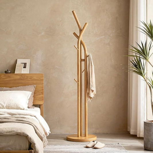 Solid Wood Coat Rack Freestanding Wood Coat Tree Rack with 9 Hooks, Creative Tree-Shaped Design, Standing Coat Rack Clothes Hanger Stand with Sturdy Base for Entryway, Bedroom - Load 150lb (Natural)