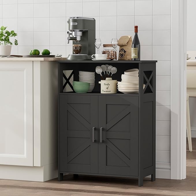 Homhedy Farmhouse Bathroom Storage Cabinet with Doors, Small Floor Cabinet | Toilet Paper Cabinet with Adjustable Shelf, Freestanding Storage Cabinet for Kitchen/Laundry/Living Room, 24"W, Black