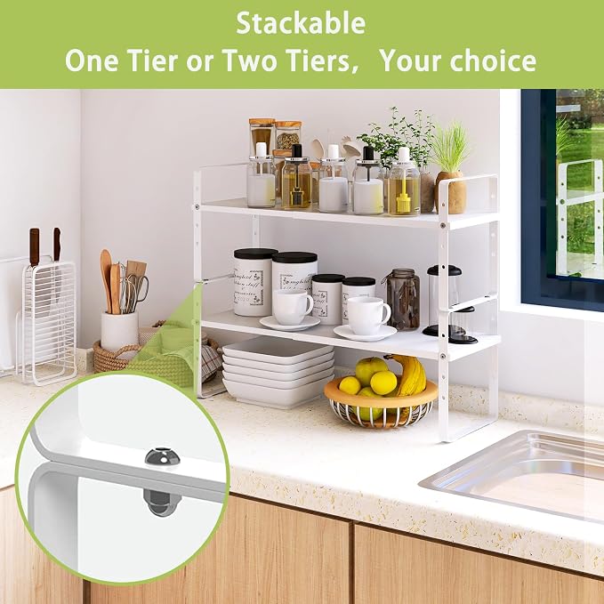 Across-Star Expandable Cabinet Shelf Organizer Rack, Stackable Kitchen Counter Storage Shelves Stand, Adjustable Height Pantry Shelf Spice Rack (White, 1 Pack)