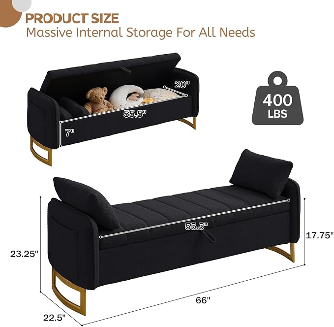 66" End of Bed Bench King Size, Teddy Boucle Storage Bench for Bedroom Foot of Bed, Storage Ottoman Bench with Golden Legs and Pillows for Living Room Window Entryway, Black