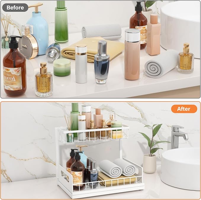 Under Sink Organizer, 2-Tier Pull-Out Metal Drawer, 2 Pack | White metal 2-pack with lower pull-out drawers and fixed upper baskets for kitchen, bathroom and cabinet storage