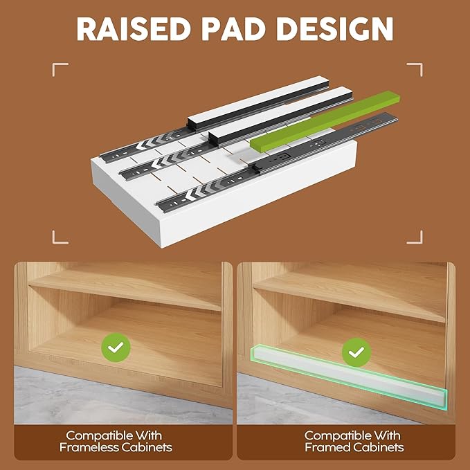 Seinloes 4 Pack Expandable Width (9"-14.1") Pull Out Cabinet Organizer 21" Deep with Raising Pad for Framed Cabinets, Upgrade 3 Slide Rails Slide Out Drawers, Roll Out Shelves Adhesive, White
