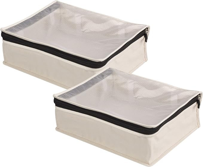 Household Essentials Canvas Sweater Storage Bags, 2-Pack, Breathable Cotton, Under-Bed Zippered Storage with Clear Top Window, Stackable, Cedar Insert Compatible (Not Included), Natural