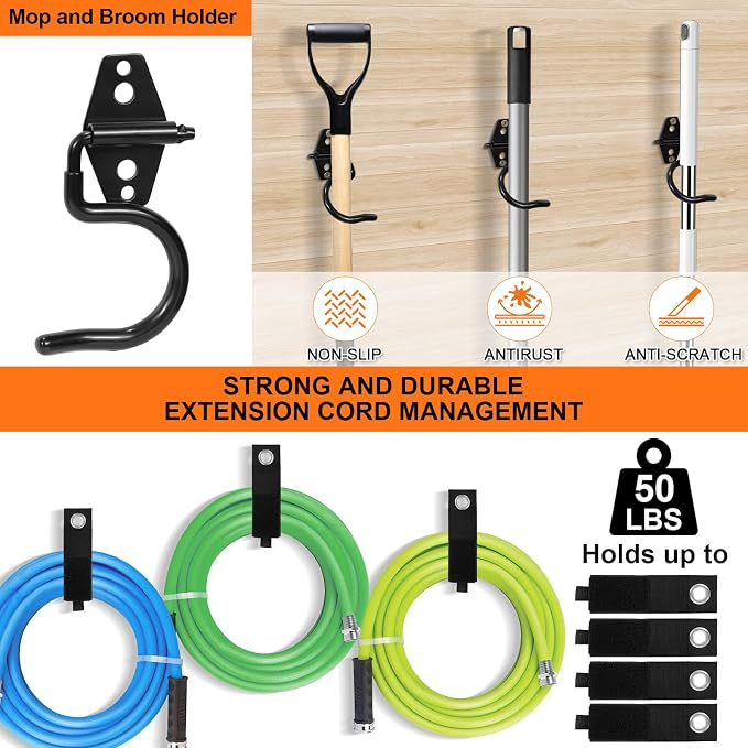 Heavy Duty Garage Hooks Storage, Anti-Slip Steel Wall Mount Multi-Size Utility Hangers Organizer for Ladders, Bikes, Garden Tools, Hose with 32 Screws Hardware Kit (Black, 20 Pack)