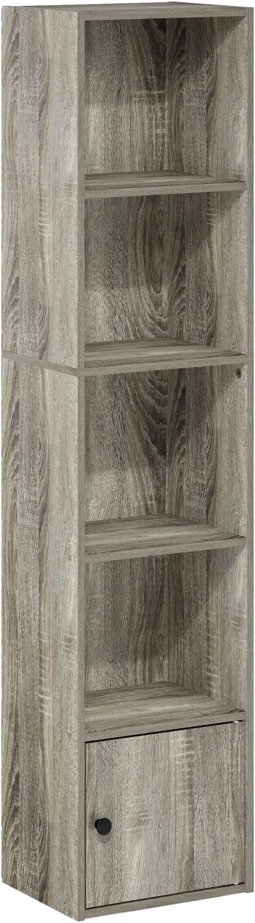 Furinno LUDER Book Shelf, 5-Tier Modern Bookshelf, Bookcase with 1 Door Storage Cabinet, 9.3 x 12 x 52, for Organization and Storage, for Living Room, Bedroom, Home Office, French Oak