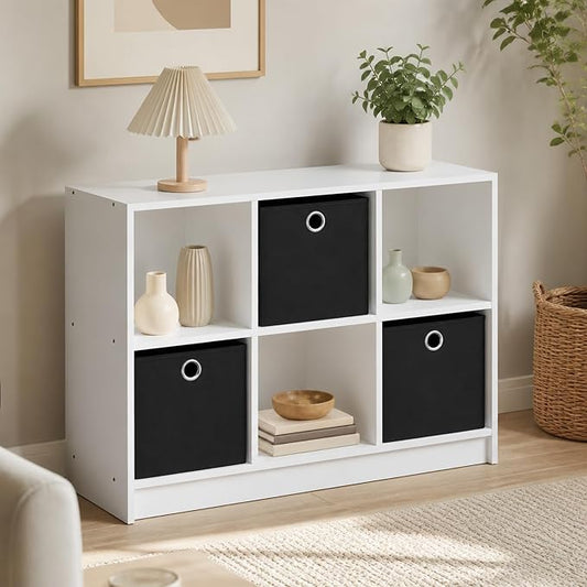 6-Cube Bookshelf with Storage Bins, Cube Bookcase, Book Shelf with Storage Bins, 11.9 x 31.6 x 23.6, for Living Room, Home Office, White/Black