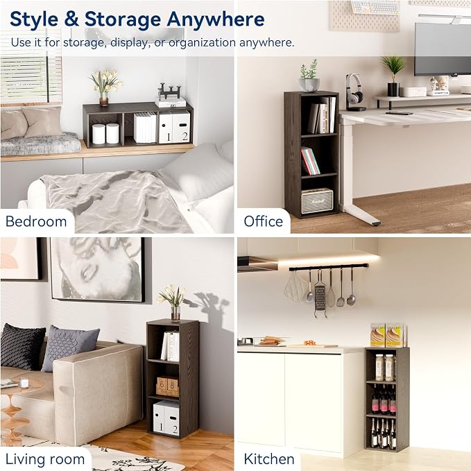 Whitmor 3 Cube Bookcase, 3 Tier Stackable MDF Bookself, Open Storage Display Organizer, Storage Cabinet for Living Room, Bedroom, Home, Office, 12.2" L x 11.7" W x 35.6" H, Espresso