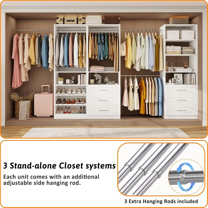 Closet System with 3 Sets, 6–15 FT Closet Organizer System with 6 Drawers, 9 Shelves & 5 Rods, Walk-In Modular Closet System, Custom Built-In Closet Kit, White