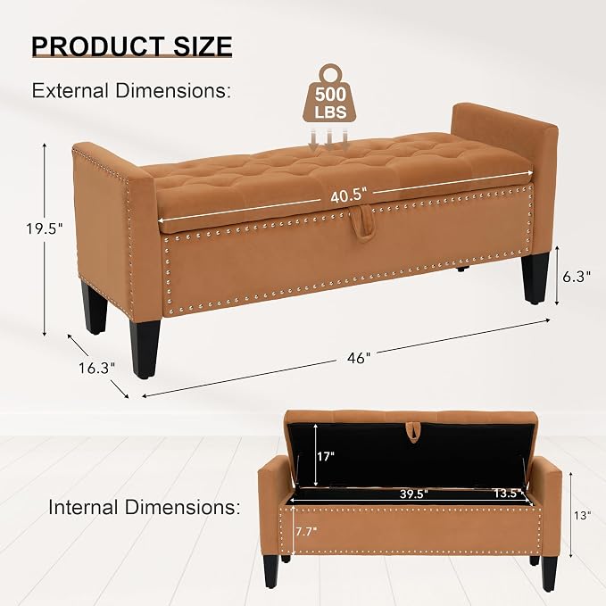 Velvet Ottoman with Storage, 46'' Upholstered Button Tufted End of Bed Bench with Arms, Modern Storage Bench for Living Room, Bedroom, Entryway, Orange