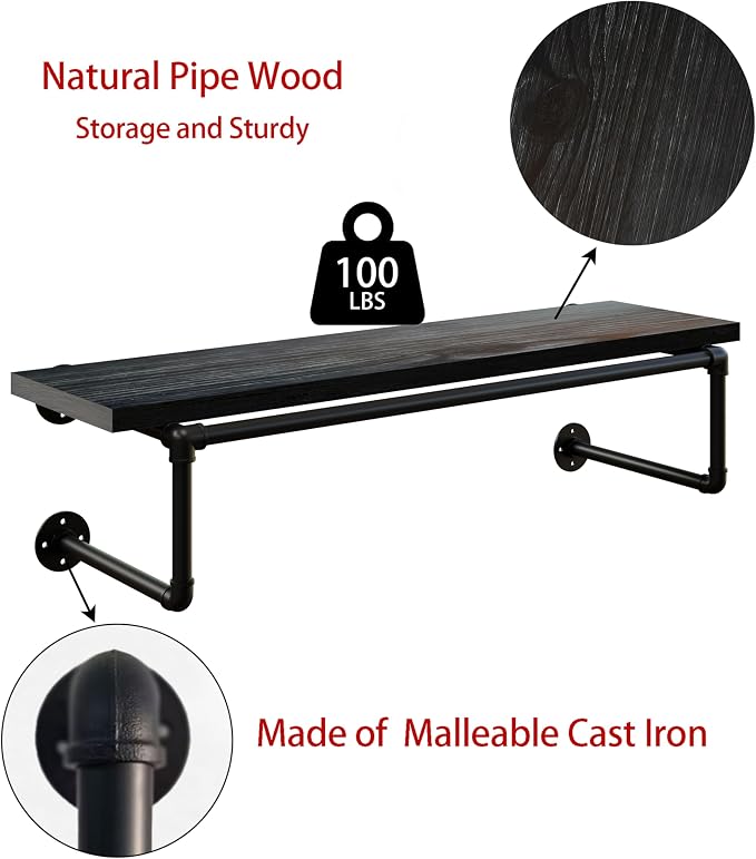 Clothes Rack 36in, Wall Mounted Garment Racks with Real Black Wood Shelf, Heavy Duty Hanging Clothes Rack, Multi-Purpose Hanging Rod, Space-Saving Closet Storage