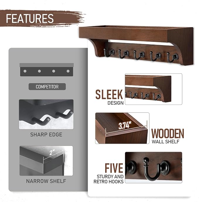 Walnut Wood Key Holder Wall Mount for Room Decor and Organization, Brown | Key Holder for Wall with Shelf for Plants & Cute Things,5 Sturdy Key Hooks,Can Also Hang Dog Leashes,Ideal for Home Decor