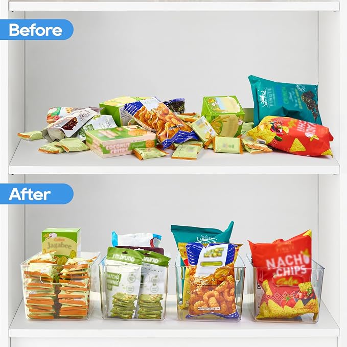 JollyPack Clear Plastic Storage Bins, 4 Pack | Pantry Organizers, Storage with Handles, Clear Storage Containers,Great for Fridge, Kitchen, Cabinet, Bathroom and Office