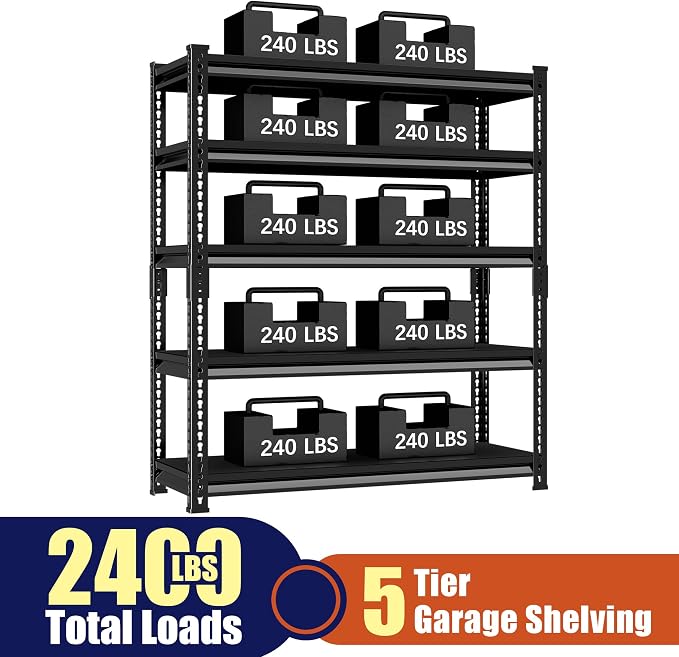 48" W Garage Shelving Heavy Duty, 2400LBS Loads Adjustable Garage Storage Shelves, 5-Tier Metal Shelving Units and Storage Racks, Industrial Utility Shelf, 48" Wx18 Dx78 H, Black