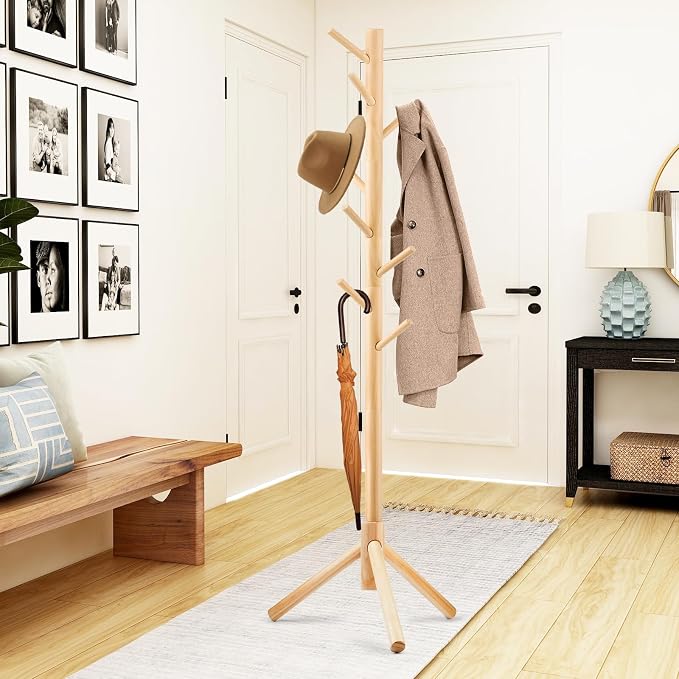 WANGMUXIA 2 PCS Coat Rack, Freestanding Coat Rack with 8 Hooks and 3 Adjustable Size Tree Coat Racks for Bedroom, Hallway, Entrance, Office, for Hats, Coats, Scarves, Handbags