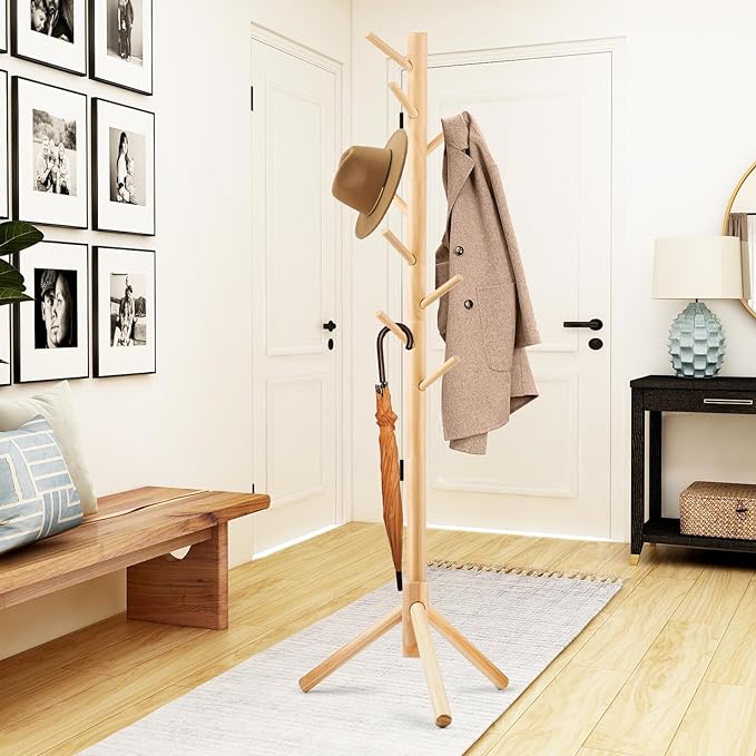 WANGMUXIA Freestanding Coat Rack | Coat Rack with 8 Hooks and 3 Adjustable Size Tree for Bedroom, Hallway, Entrance, Office, for Hats, Coats, Scarves, Handbags