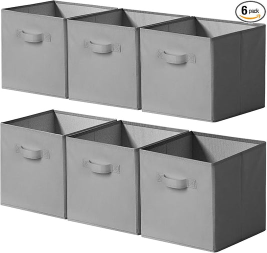 Cupic Cupid 11x11 Storage Cubes, 6 Pack Open Storage Bins with Handles, Storage Cube Organizer for Clothes and Toys, Collapsible Cube Bins for Closet, Shelves, Offices, Gray