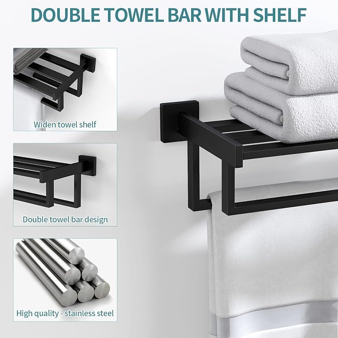 STWWO Towel Racks for Bathroom Wall Mounted, 24 Inch Black Double Towel Bar | Dual Towel Rack with Shelf, Double Towel Bar with Shelf, Stainless Steel Hand Towel Hanger, Bath Towel Holder for Wall