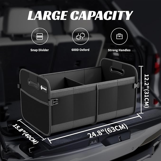 Sposuit Trunk Organizer for Car - 80L Collapsible Sturdy Car Storage, Black | 11 Pockets & Reinforced Handles, Large Capacity, SUV Trunk Organizers for Grocery Cargo, Non-Slip Bottom