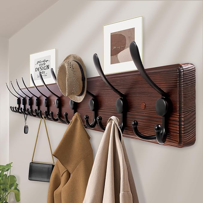 Kuhome 38.6'' Large Coat Rack Wall Mount Coat Hooks Coat Hanger with 10 Metal Black Triple- Hooks Brown Pine Real Wood Plank Hat Rack for Wall Hooks for Hanging Coat Hat Jacket