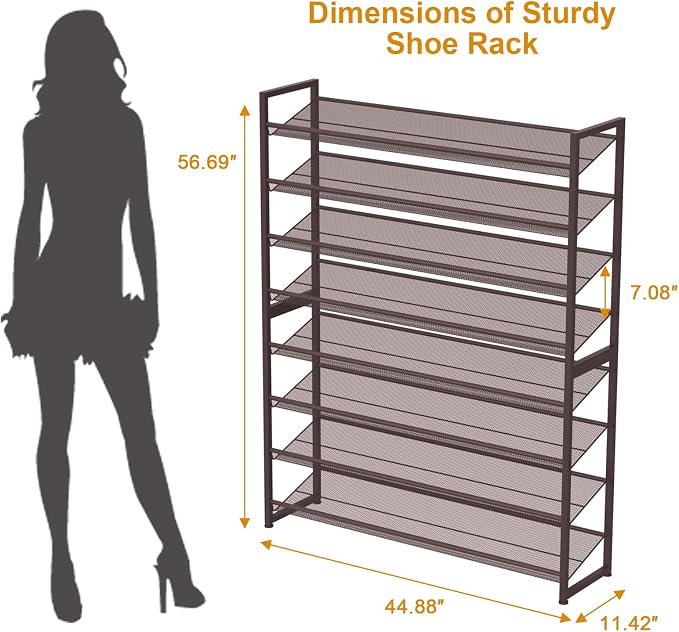 Large Shoe Rack 8 Tier Shoe Organizer, Heavy Duty Metal 4-Tier Stackable Shoe Storage Vertical Shoe Rack for Closet Front Door Entrance, Up to 50 Pairs, 44.8" W x 11.4" D x 56.7" H, Bronze