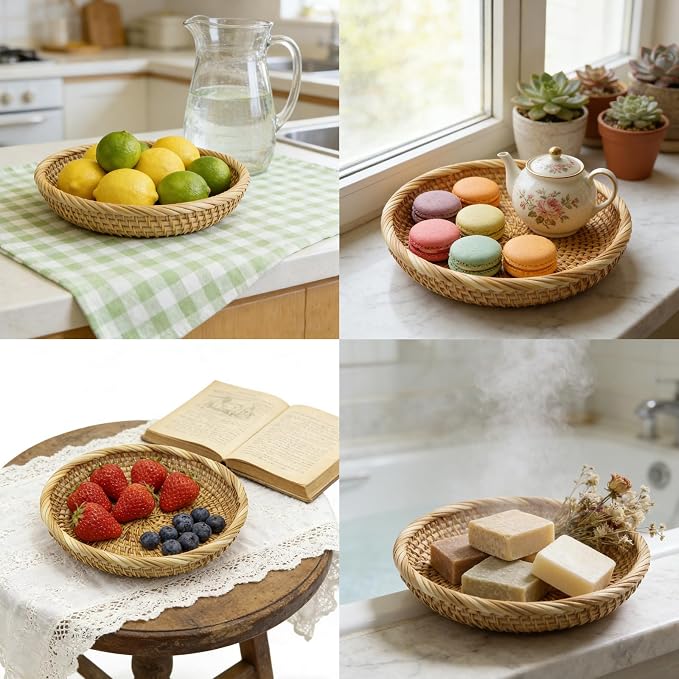 8.7" Round Rattan Basket Small Handwoven Wicker Tray | Small Decorative Bowl for Entryway Table, Natural Wicker Tray for Keys Snacks, Rustic Home Decor for Kitchen Counter Vanity