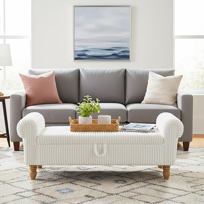 55" Bench for End of Bed Storage Benches, Queen End of Bed Bench Corduroy Upholstered Storage Ottoman Window Bench with Storage, for Bedroom, Entryway, Closet, White