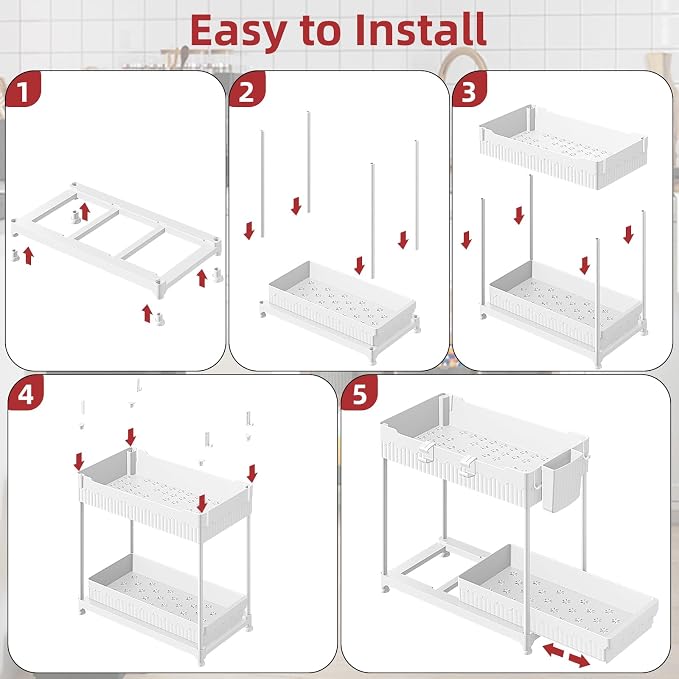 Sevenblue 4-Pack 2-Tier Under Sink Organizer with Pull Out Drawers | Multi-use kitchen & bathroom storage. Includes hanging hooks and cups. White, space-saving cabinet design. 12.8 Inch