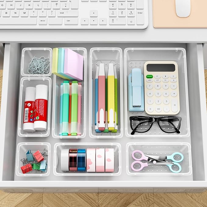 12 PCS Drawer Organizer Set, Makeup Organizers, Tool Storage Trays | 4 Sizes, Plastic, Stackable, Multiple Gadgets, Desk Drawer Divider Organizers, for Makeup, Office Supplies Storage