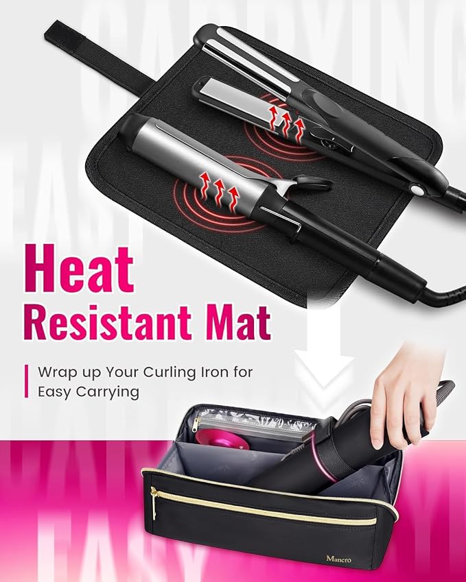 Mancro Hair Tools Travel Bag Compatible with Shark Flex Fusion, XL | Wide-open Hot Hair Tool Organizer with Separate Heat Resistant Mat, Hair Accessories Organizer for Straightener, Curling Iron