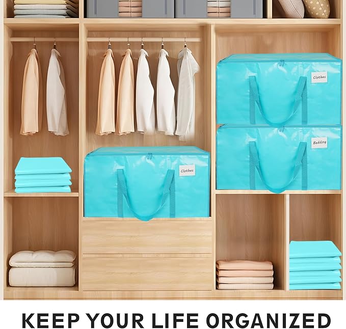 16 Pack-Extra Large Heavy Duty Moving Bags - Waterproof Storage Totes with Handles & Zippers, Foldable for College Dorm, Storage (lake blue)