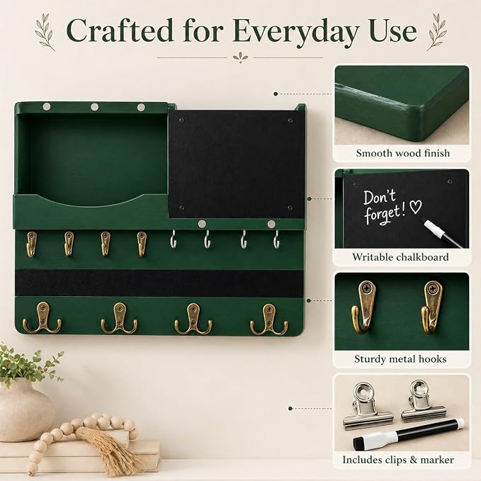 Key Holder for Wall Mount with Shelf and Mail Organizer, Key and Mail Holder with 16 Hooks, Farmhouse Entryway Organizer, Home Decor Rack (Pine Wood,Green)