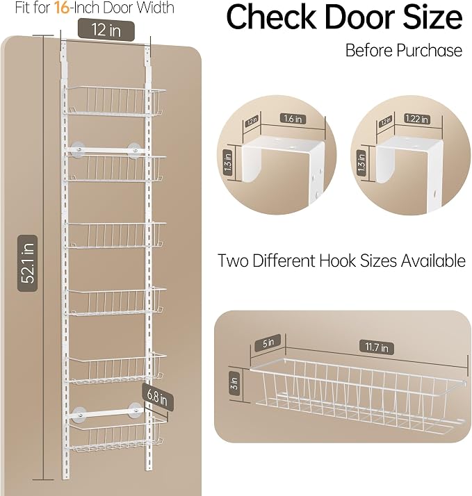 Delamu Pantry Door Organizer, Adjustable Metal Over the Door Pantry Organizer Rack, 6-Tier Over the Door Spice Rack, Kitchen Pantry Door Organizers and Storage, D5 W12 H52.1 inch, White, Small