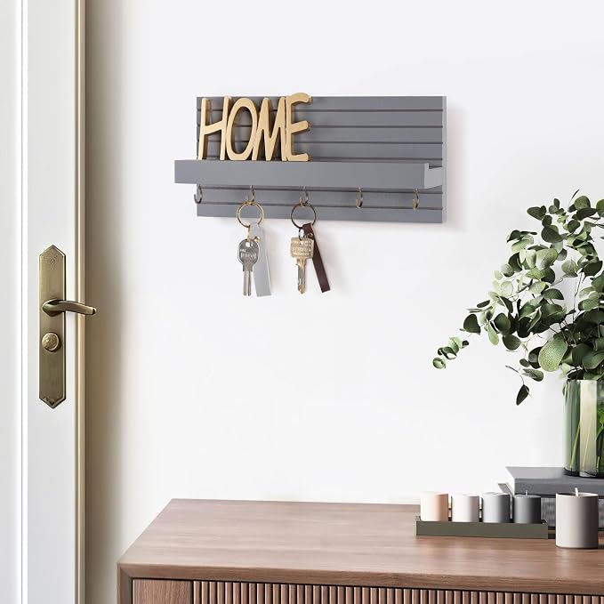 Lwenki Decorative Key Holder for Wall with Shelf, Entryway Shelf with Hooks Holds Leashes, Jackets and Glasses – Sturdy Wood Keyholder Entrance Hanger with Mounting Hardware (Gray, Medium)