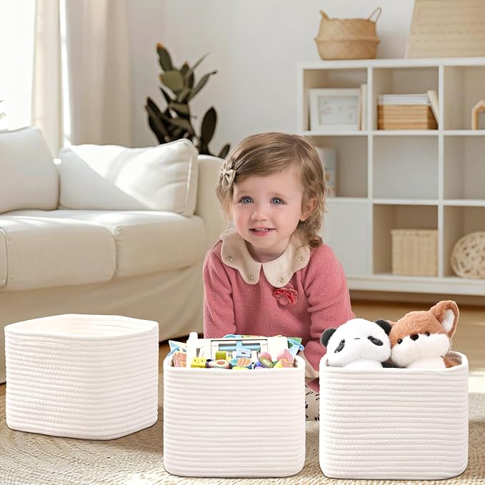 3 Pack Cube Storage Bin, 9”x9”x7” Cotton Rope Woven Baskets for Organizing Toys Clothes Towels, Square Gift Storage Baskets for Shelves, Nursery, Closet, Bathroom, Pantry (White)