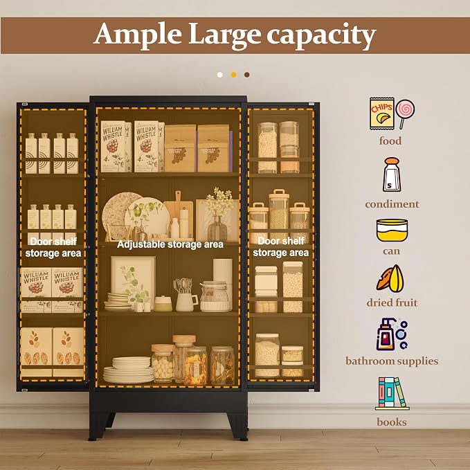GAIOUS Metal Kitchen Pantry Cabinet, Storage Cabinets with 2 Door and 3 Adjustable Shelves, Black Freestanding Food Storage Cabinet, Steel Cupboard for Kitchen Dinning Room