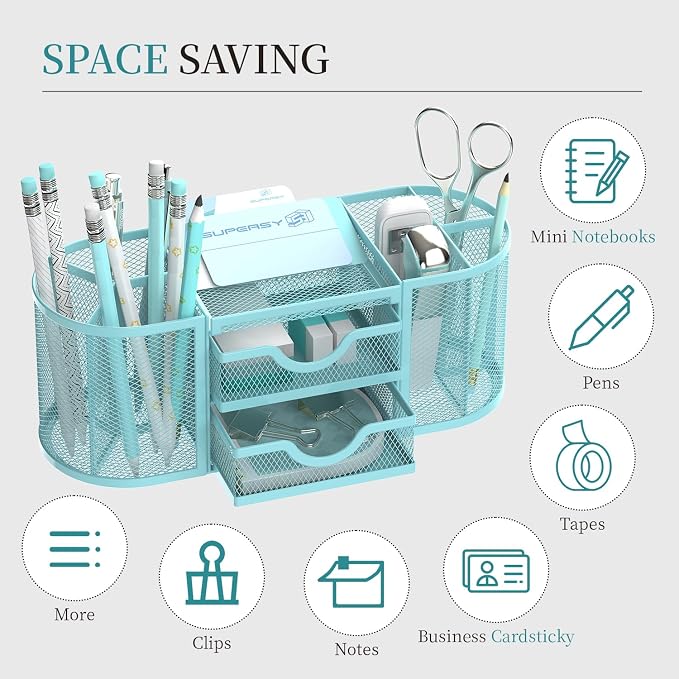 Mesh Desk Organizer, Desk Organizers and Accessories, Pen Holder with Drawers, Pencil Holder for Desk with 2 Drawer for Office Supplies, Blue
