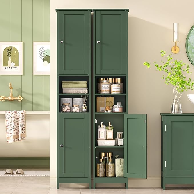 67" Tall Bathroom Cabinet with Adjustable Shelves and Doors, Narrow Bathroom Storage Cabinet for Small Space, Living Room, Entryway, Kitchen, Green